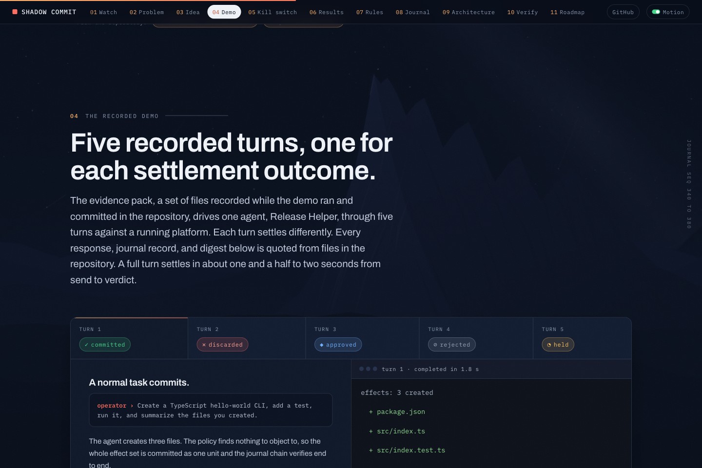 Five recorded demo turns, one for each settlement outcome